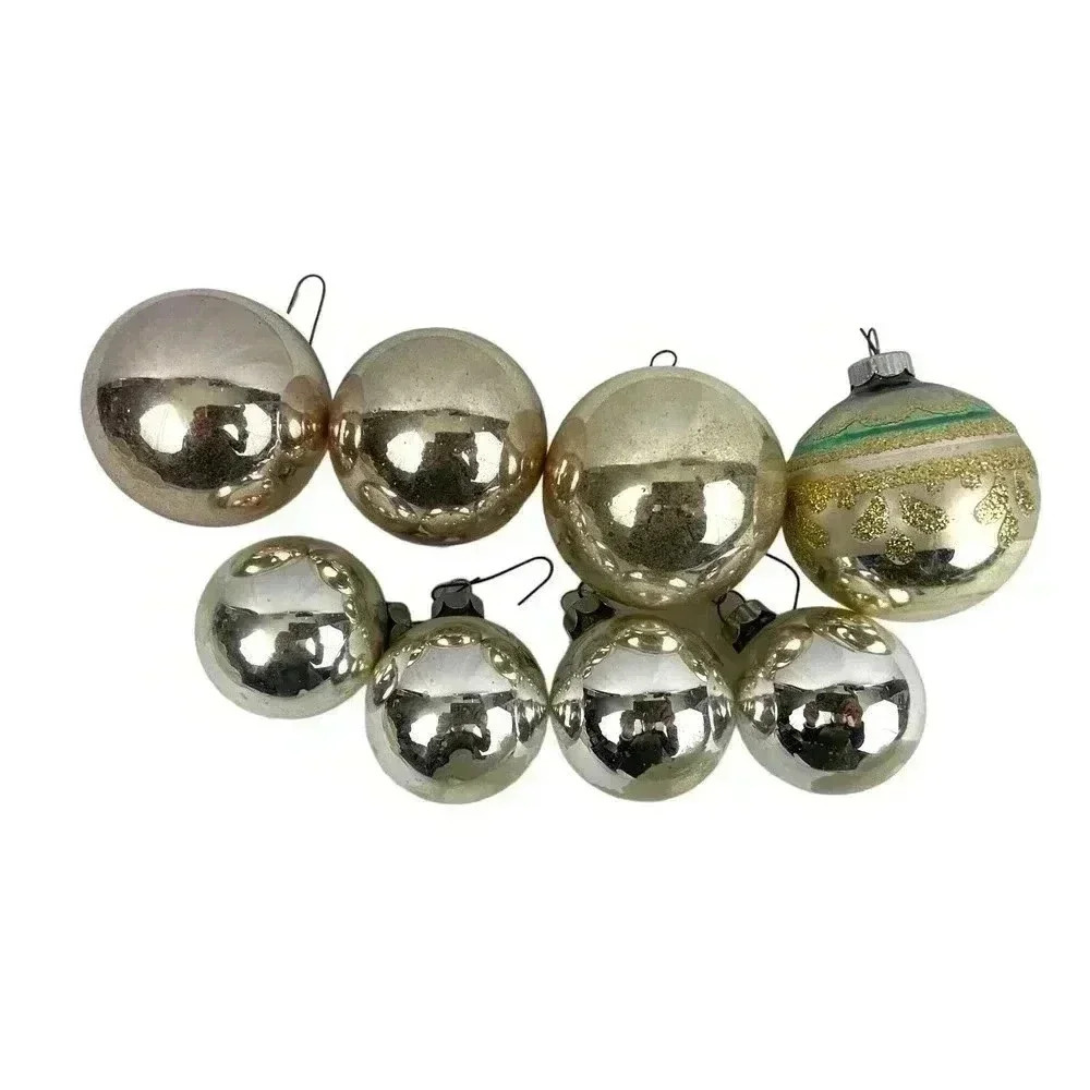 VTG Lot of 8 Mercury Glass Ornaments Holiday Christmas‎ Gold Silver Shiny Brite